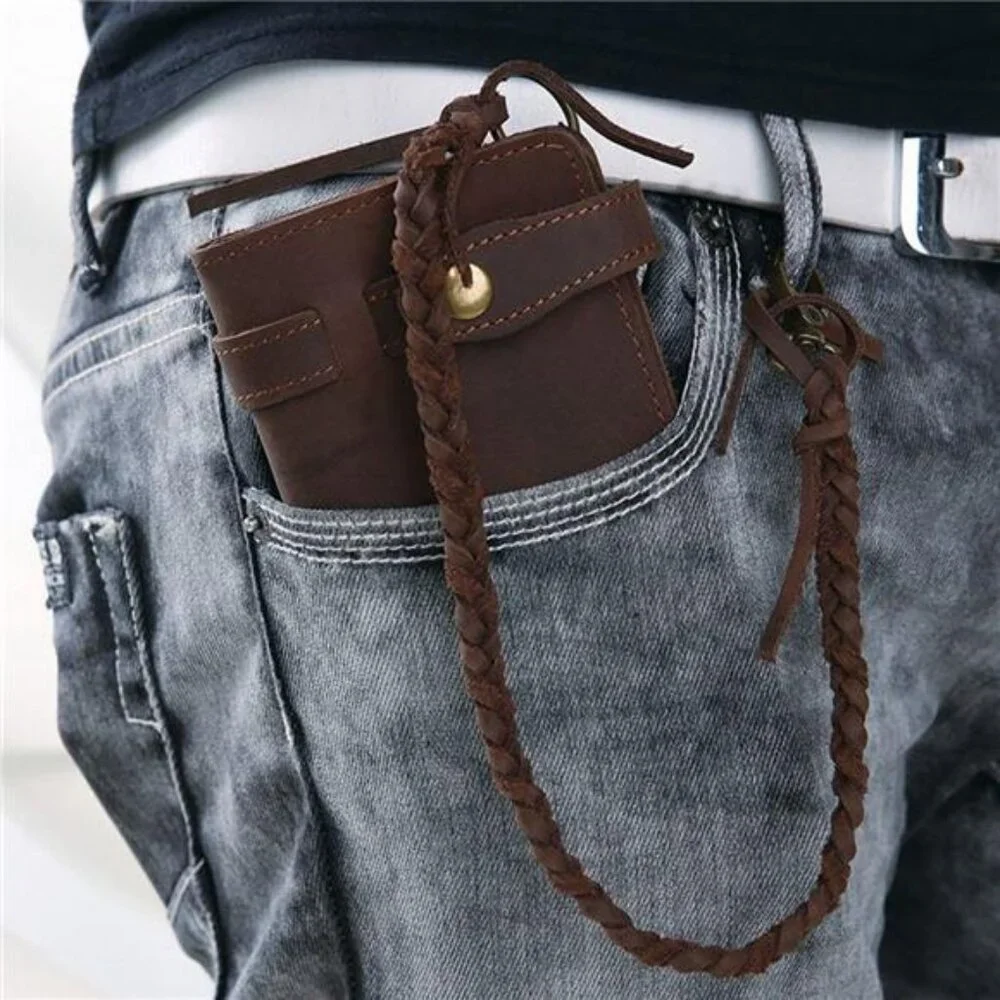 Mens Wallet with Chain Leather Long Bifold Trucker Wallet Vintage Biker Money